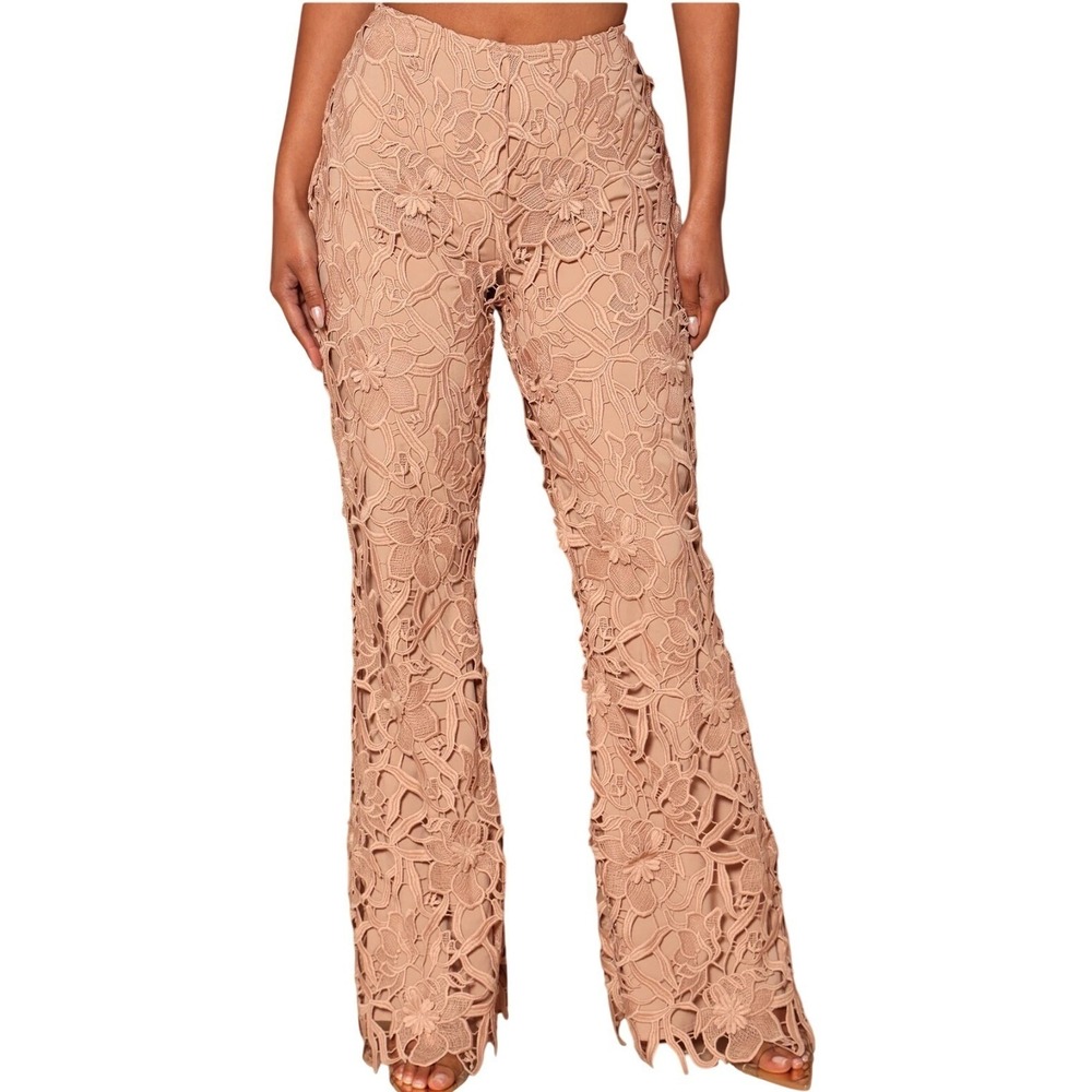 Nova Luxe Women Nude Floral Lace Flare Pants High Waist C17299 Size M